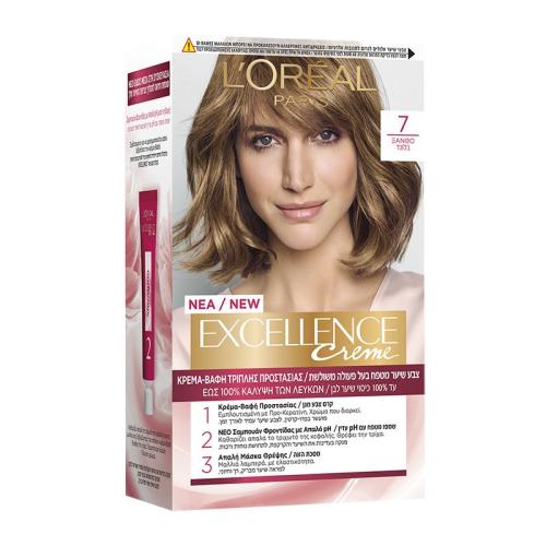 L'oreal Paris Excellence Creme Permanent Hair Color Kit Μόνιμη Κρέμα Βαφή Μαλλιών με Τριπλή Προστασία & Κάλυψη των Λευκών 1 Τεμάχιο - 7 Ξανθό